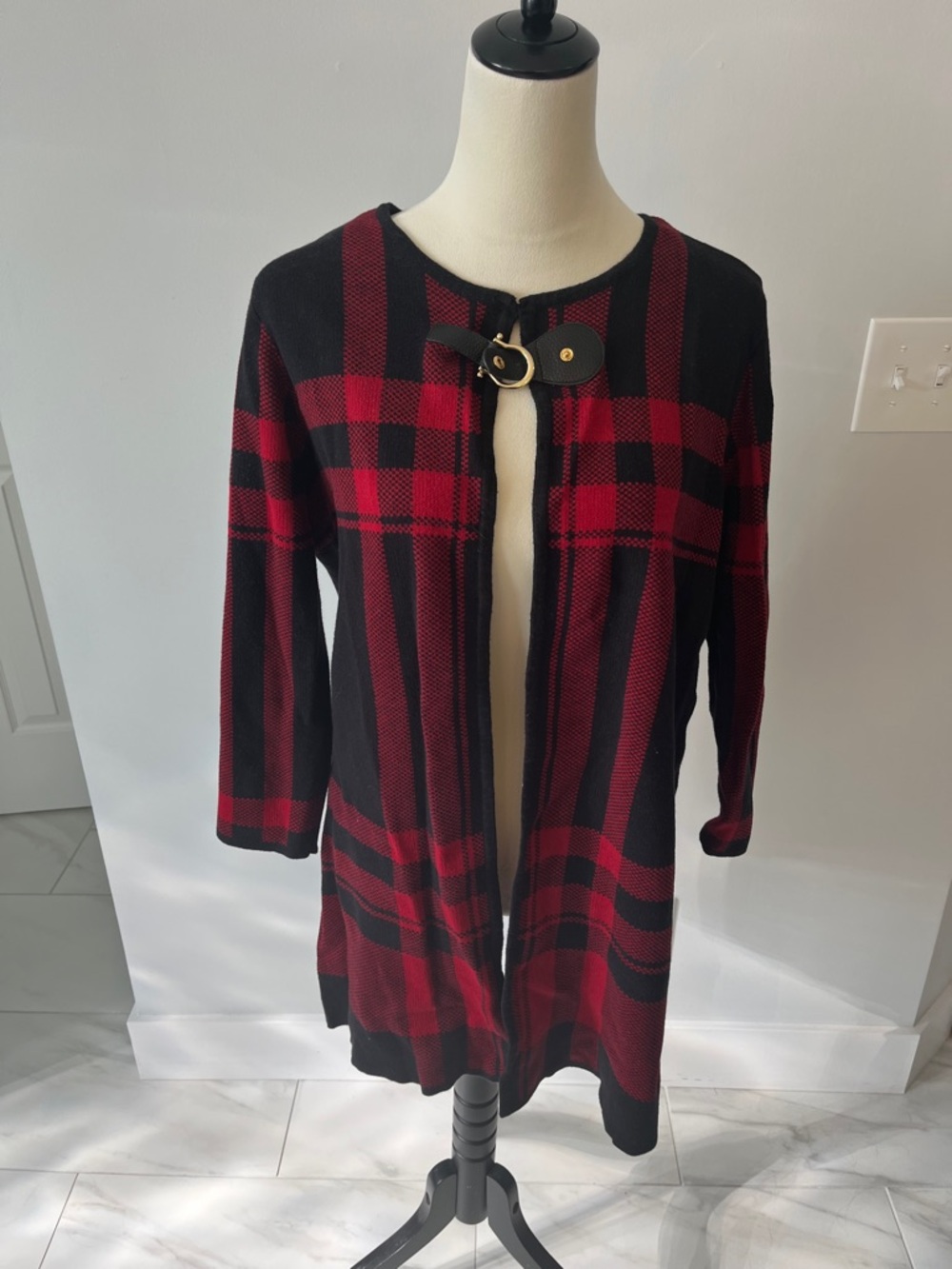 Red and Black Plaid Knit Cardigan with Gold Buckle Anne Klein